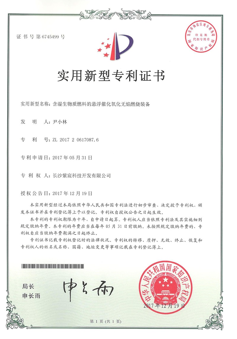 8.2-ZL201720617087.6含濕生(shēng)物(wù)質燃料的(de)懸浮催化(huà)氧化(huà)無焰燃燒裝備